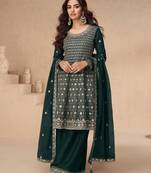 Green embroidery secquins chinon silk anarkali palazzo - free size stitched(size upto 42")
