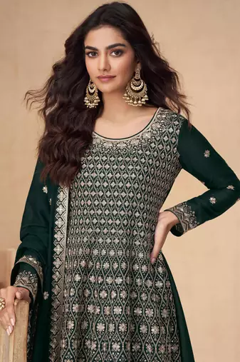 Green embroidery secquins chinon silk anarkali palazzo - free size stitched(size upto 42")