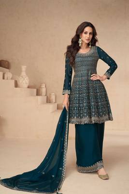 Teal blue embroidery, secquins chinon silk anarkali palazzo - free size stitched(size upto 42") 1