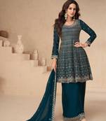 Teal blue embroidery, secquins chinon silk anarkali palazzo - free size stitched(size upto 42")