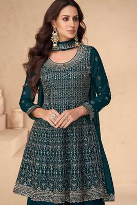 Teal blue embroidery, secquins chinon silk anarkali palazzo - free size stitched(size upto 42") 2