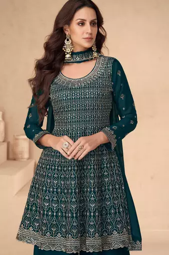 Teal blue embroidery, secquins chinon silk anarkali palazzo - free size stitched(size upto 42")