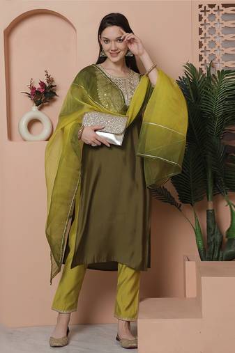 women's poly silk embroidered kurta & pant with dupatta