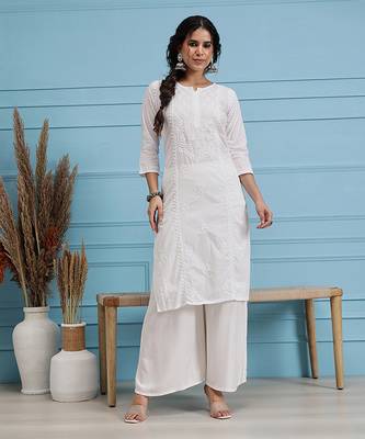 Hand embroidered white cotton lucknowi chikankari straight kurta 1
