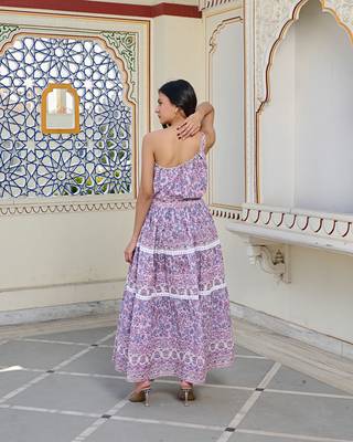 One shoulder cotton maxi dress handcrafted floral print with dori tie up 2