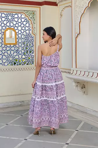One shoulder cotton maxi dress handcrafted floral print with dori tie up