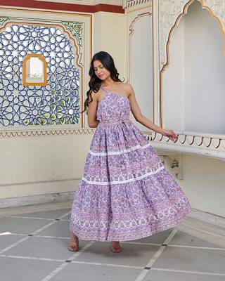 One shoulder cotton maxi dress handcrafted floral print with dori tie up 1