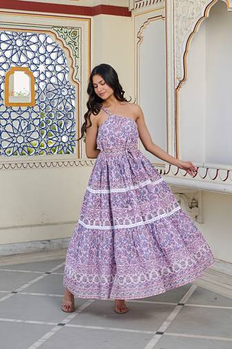 One shoulder cotton maxi dress handcrafted floral print with dori tie up