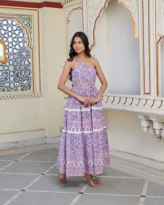 One shoulder cotton maxi dress handcrafted floral print with dori tie up 3