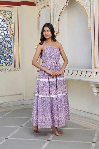 One shoulder cotton maxi dress handcrafted floral print with dori tie up