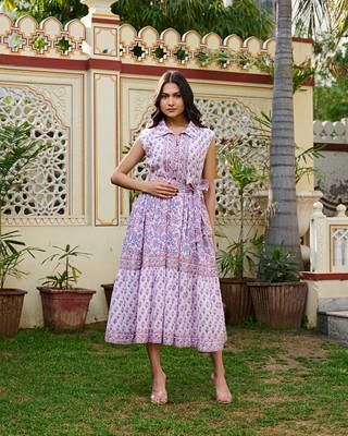 Handcrafted cotton midi dress jaipur print | sleeveless collared dress with belt 1
