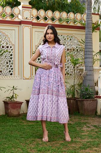 Handcrafted cotton midi dress jaipur print | sleeveless collared dress with belt