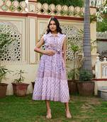 Handcrafted cotton midi dress jaipur print | sleeveless collared dress with belt
