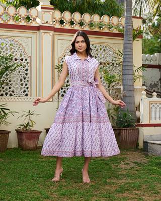 Handcrafted cotton midi dress jaipur print | sleeveless collared dress with belt 2
