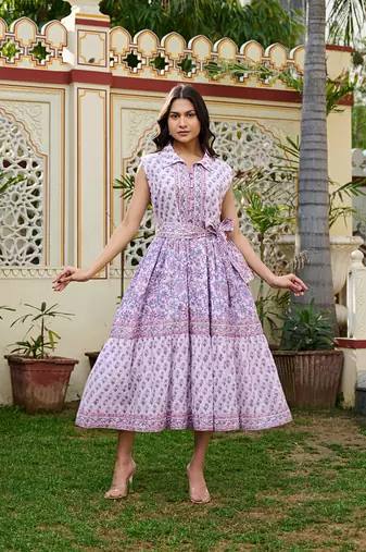Handcrafted cotton midi dress jaipur print | sleeveless collared dress with belt