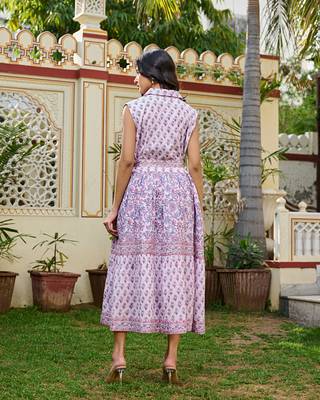 Handcrafted cotton midi dress jaipur print | sleeveless collared dress with belt 4