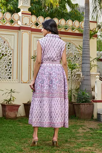 Handcrafted cotton midi dress jaipur print | sleeveless collared dress with belt