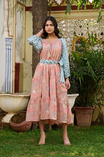 Handcrafted floral cotton midi dress dual print boho dress