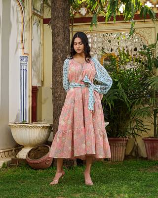 Handcrafted floral cotton midi dress dual print boho dress 2