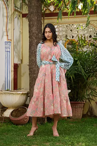 Handcrafted floral cotton midi dress dual print boho dress