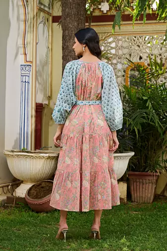 Handcrafted floral cotton midi dress dual print boho dress
