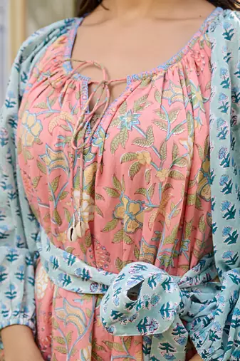 Handcrafted floral cotton midi dress dual print boho dress