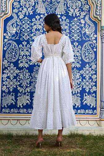 White cotton eyelet midi dress vintage inspired summer dress