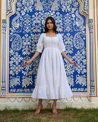 White cotton eyelet midi dress vintage inspired summer dress 1