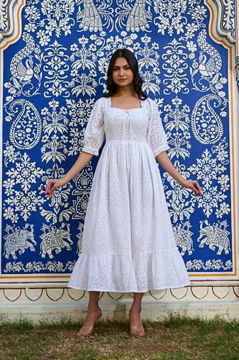 White cotton eyelet midi dress vintage inspired summer dress