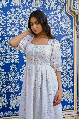 White cotton eyelet midi dress vintage inspired summer dress