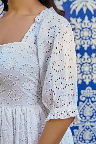White cotton eyelet midi dress vintage inspired summer dress