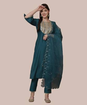 women's poly silk embroidered kurta & pant with dupatta 1
