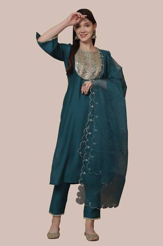 women's poly silk embroidered kurta & pant with dupatta