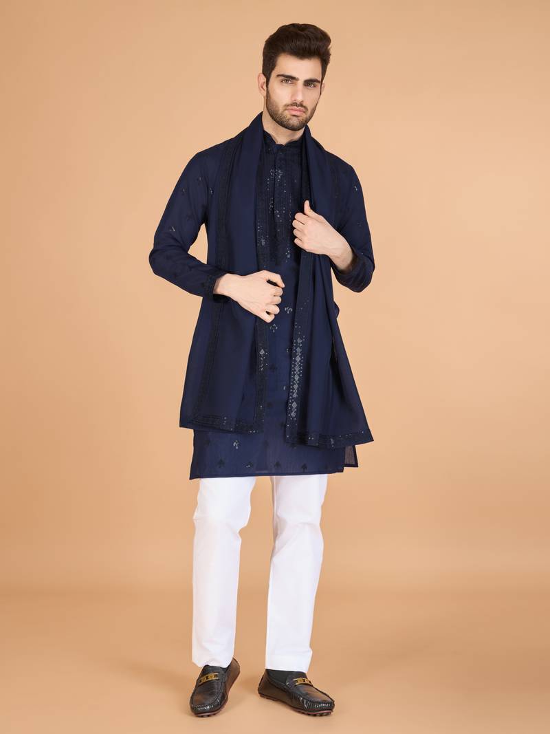 navy blue viscose silk thread & sequins embroidered straight kurta with dupatta