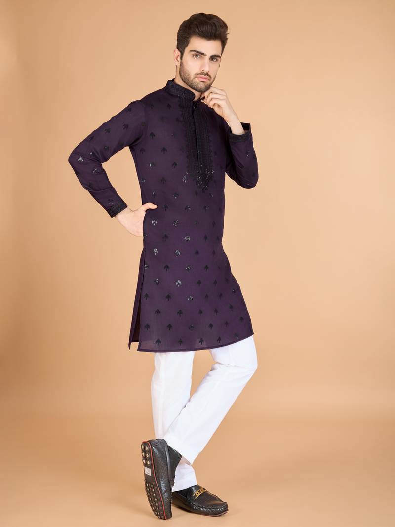 Purple viscose silk thread & sequins embroidered work wedding festival marriage party wear straight kurta with dupatta