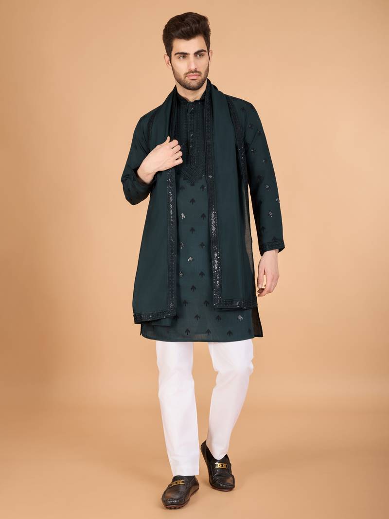 Green viscose silk thread & sequins embroidered work wedding festival marriage party wear straight kurta with dupatta