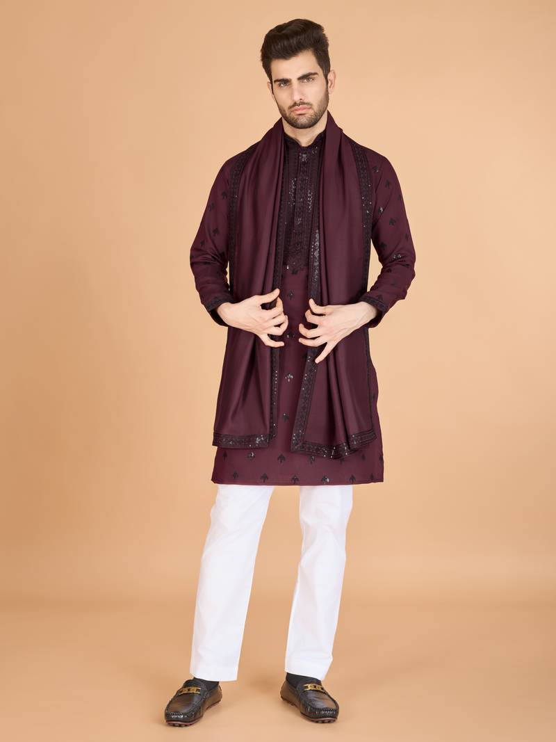 Maroon viscose silk thread & sequins embroidered work wedding festival marriage party wear straight kurta with dupatta