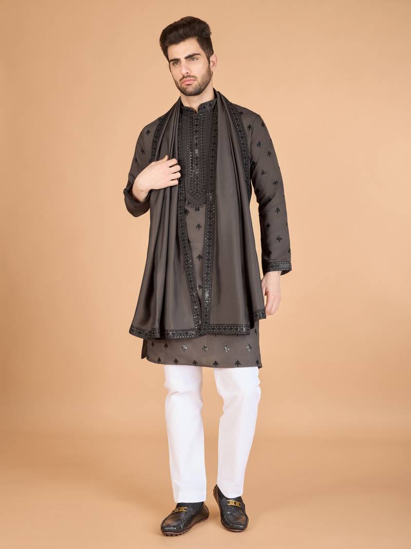 Brown viscose silk thread & sequins embroidered work wedding festival marriage party wear straight kurta with dupatta