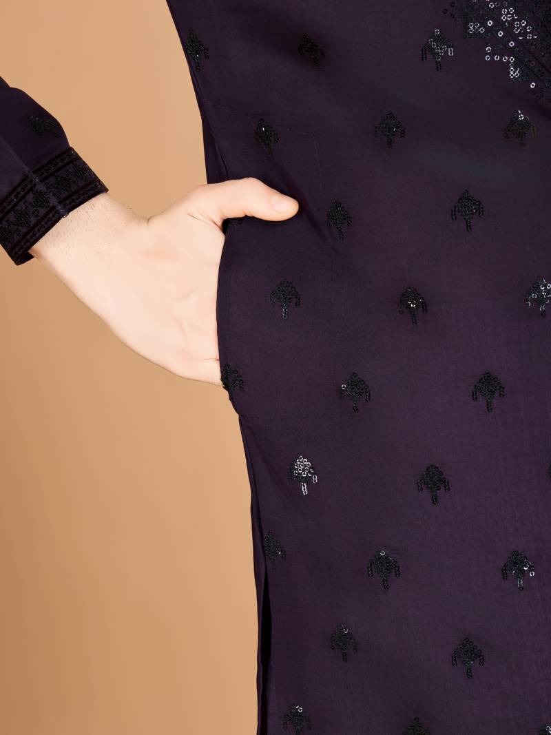 Purple viscose silk thread & sequins embroidered work wedding festival marriage party wear straight kurta with dupatta