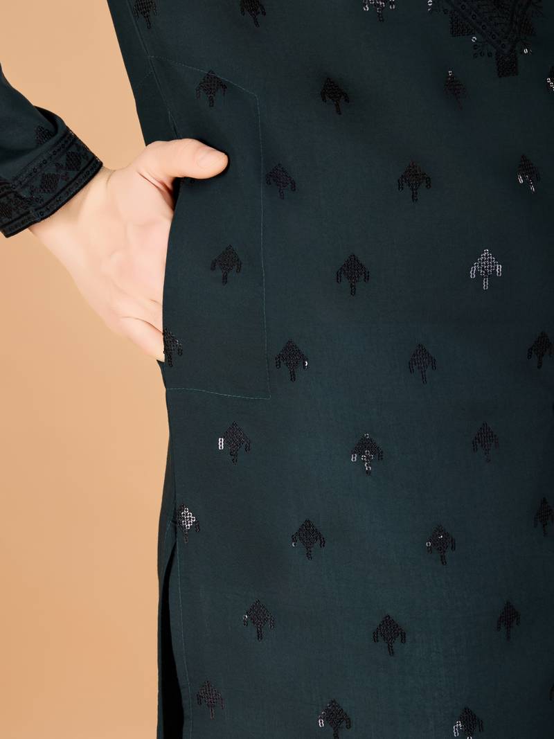 Green viscose silk thread & sequins embroidered work wedding festival marriage party wear straight kurta with dupatta