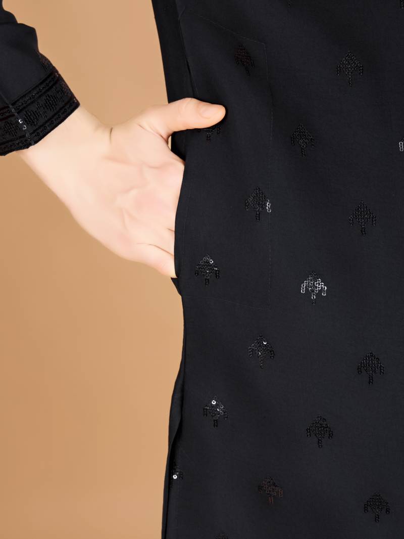 Black viscose silk thread & sequins embroidered work wedding festival marriage party wear straight kurta with dupatta