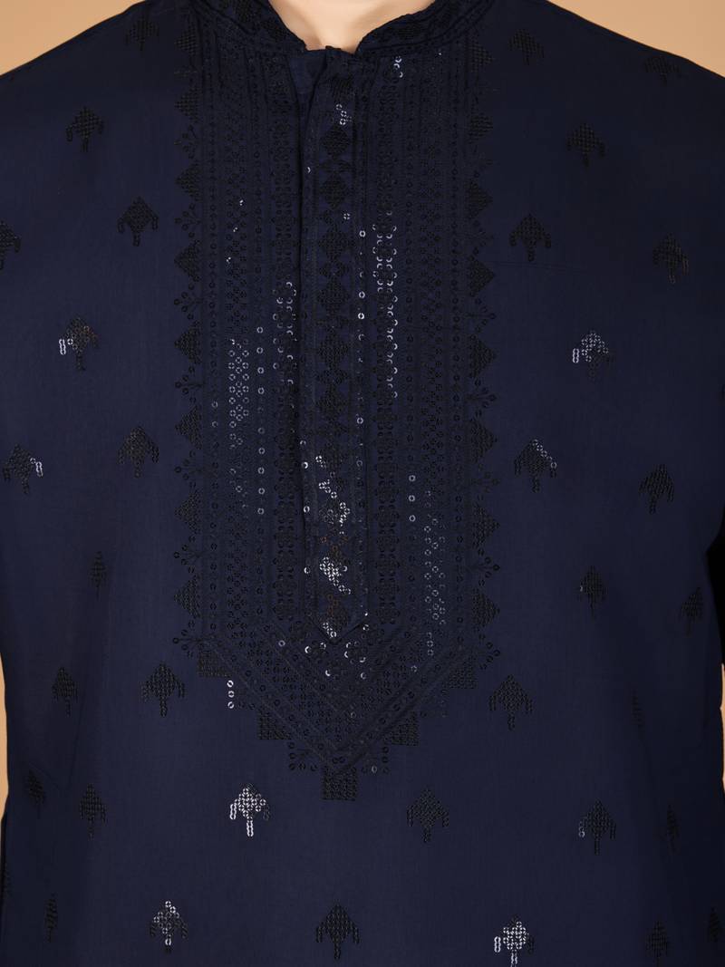 navy blue viscose silk thread & sequins embroidered straight kurta with dupatta