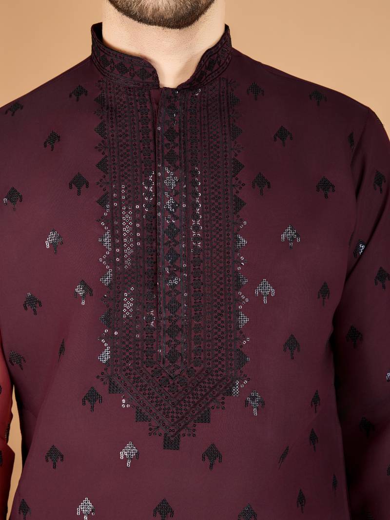 Maroon viscose silk thread & sequins embroidered work wedding festival marriage party wear straight kurta with dupatta