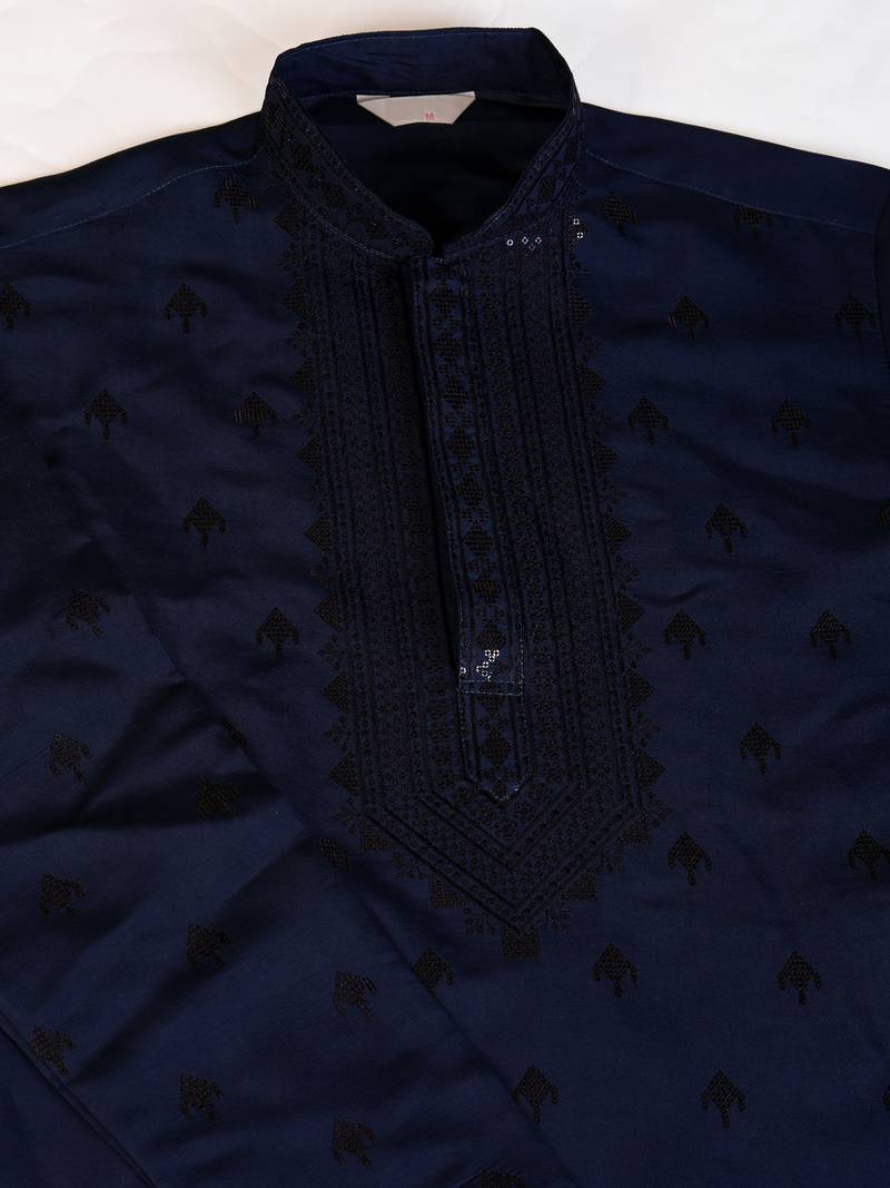 navy blue viscose silk thread & sequins embroidered straight kurta with dupatta