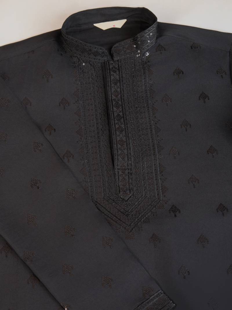 Black viscose silk thread & sequins embroidered work wedding festival marriage party wear straight kurta with dupatta