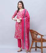 women's cotton blend floral printed kurta & pant with dupatta