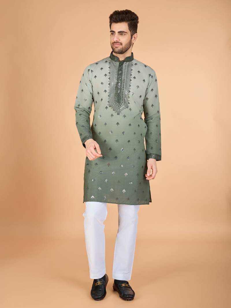 Light green viscose silk thread & sequins embroidered work wedding festival party wear straight kurta