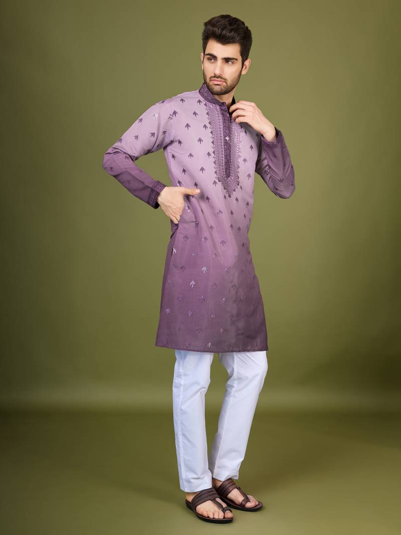 Purple viscose silk thread & sequins embroidered work wedding festival party wear straight kurta