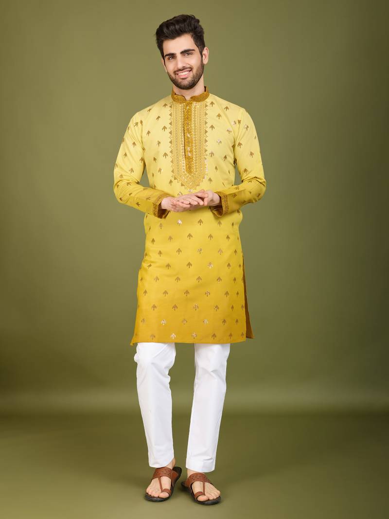 Yellow viscose silk thread & sequins embroidered with foil mirror work wedding festival party wear straight kurta