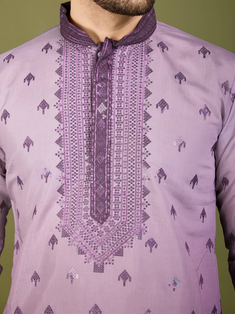 Purple viscose silk thread & sequins embroidered work wedding festival party wear straight kurta